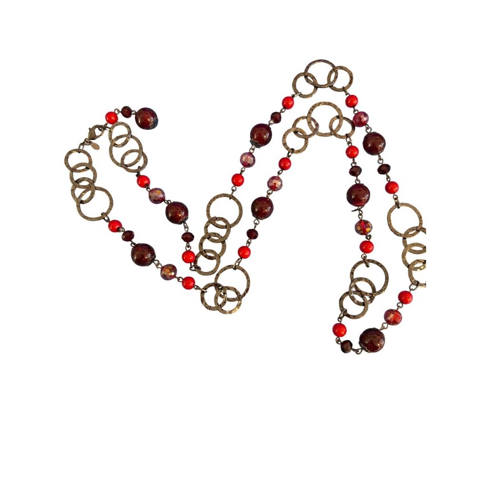 Premier Designs Very Berry Long Necklace Gunmetal Red Glass Acrylic Beads 40"
